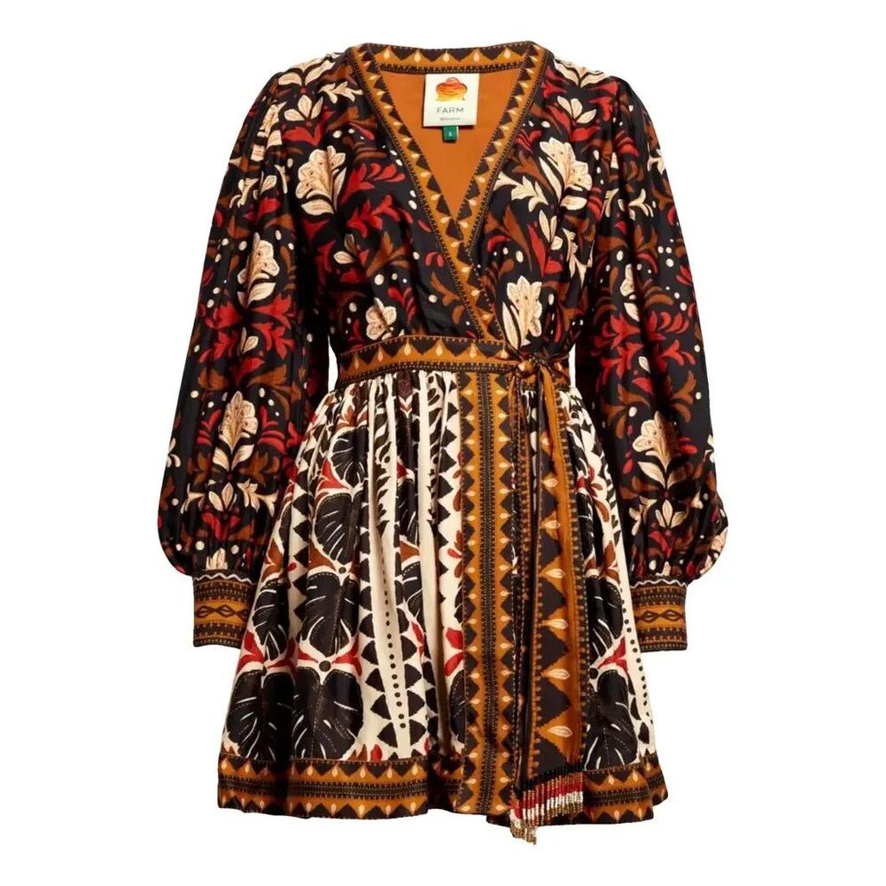FARM Rio Multi Scarf Floral Print Wrap Mini V-Neck Puff Sleeve Boho Dress Sz XL